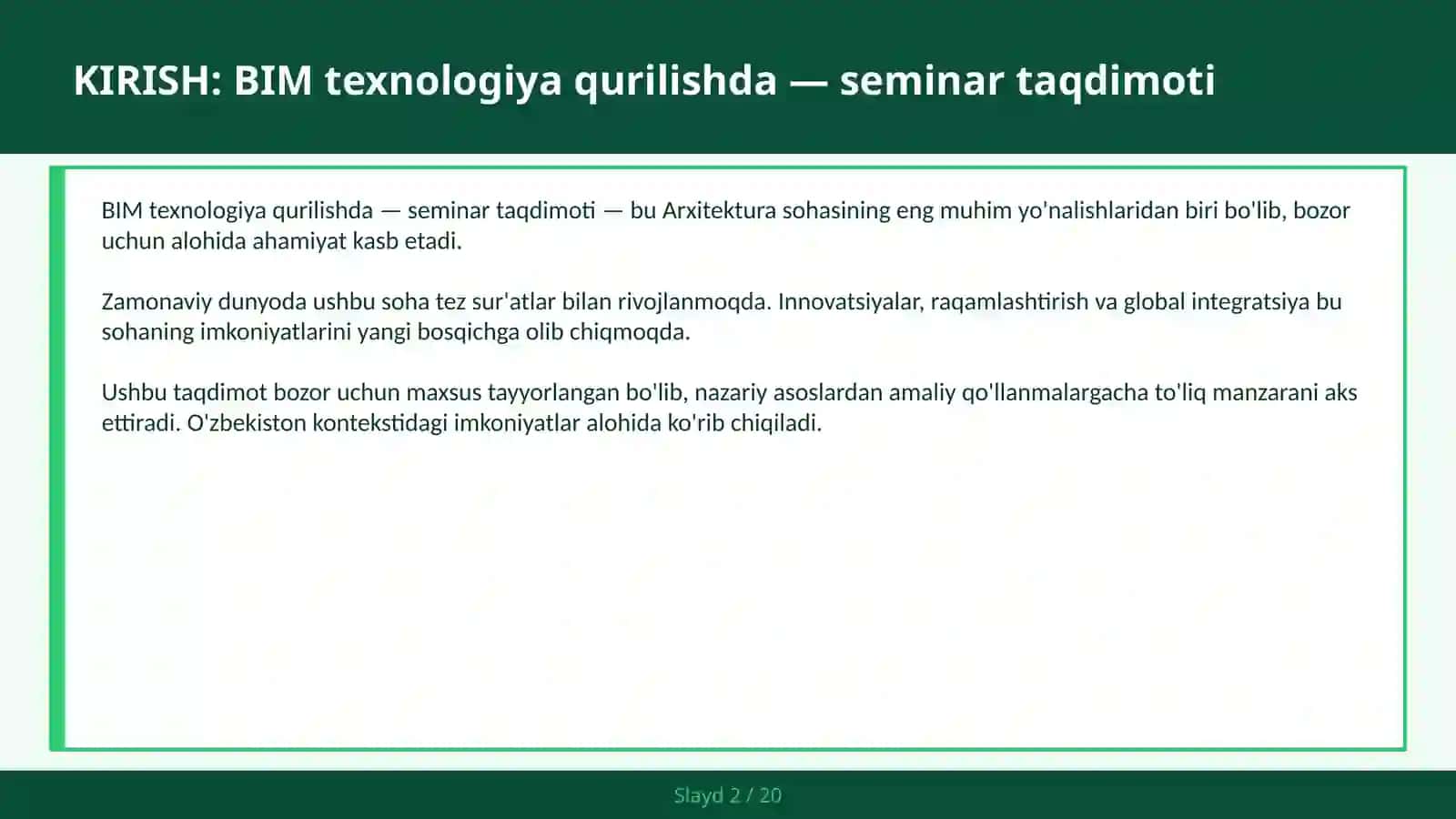 BIM TEXNOLOGIYA QURILISHDA — SEMINAR TAQDIMOTI 2
