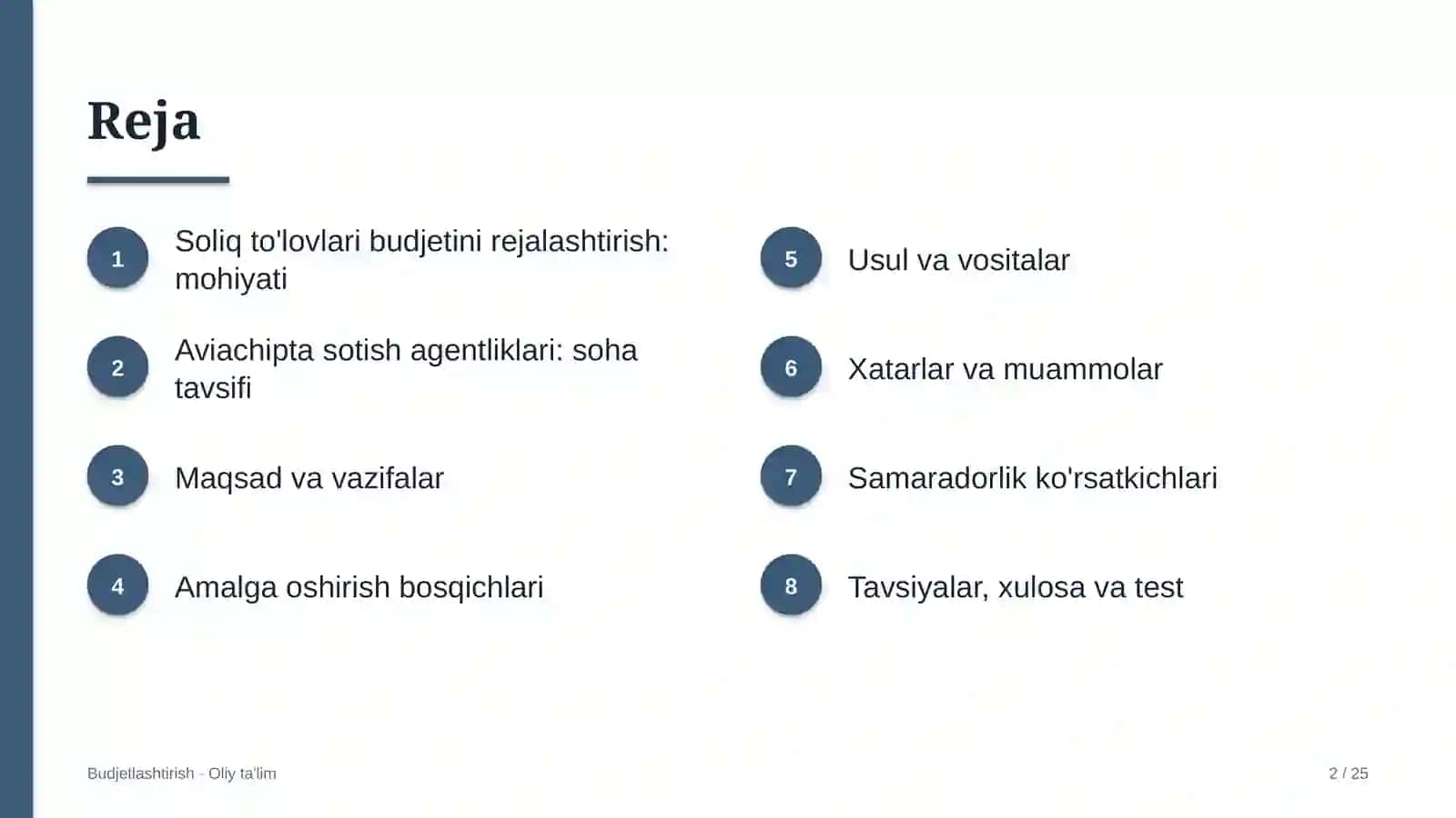 Aviachipta sotish agentliklarida soliq to'lovlari budjetini rejalashtirish 2