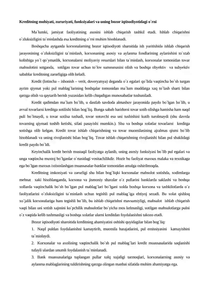 Kreditning funksiyalari va turlari 2
