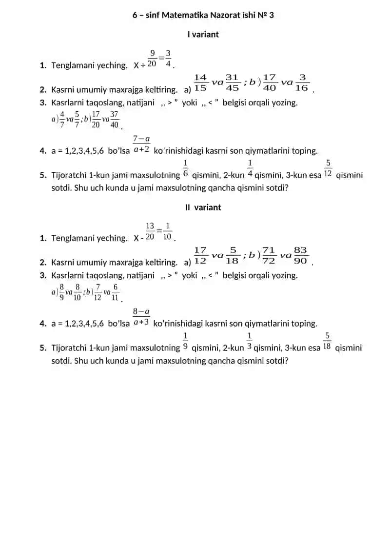 6-SINF MATEMATIKA YOZMA ISH 2