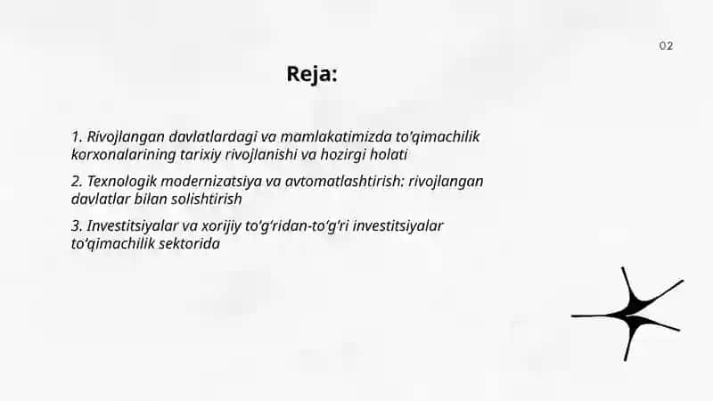 Rivojlangan davlatlardagi va mamlakatimizda toʻqimachilik korxonalarini hozirgi holati va rivojlanish tendensiyasi 2