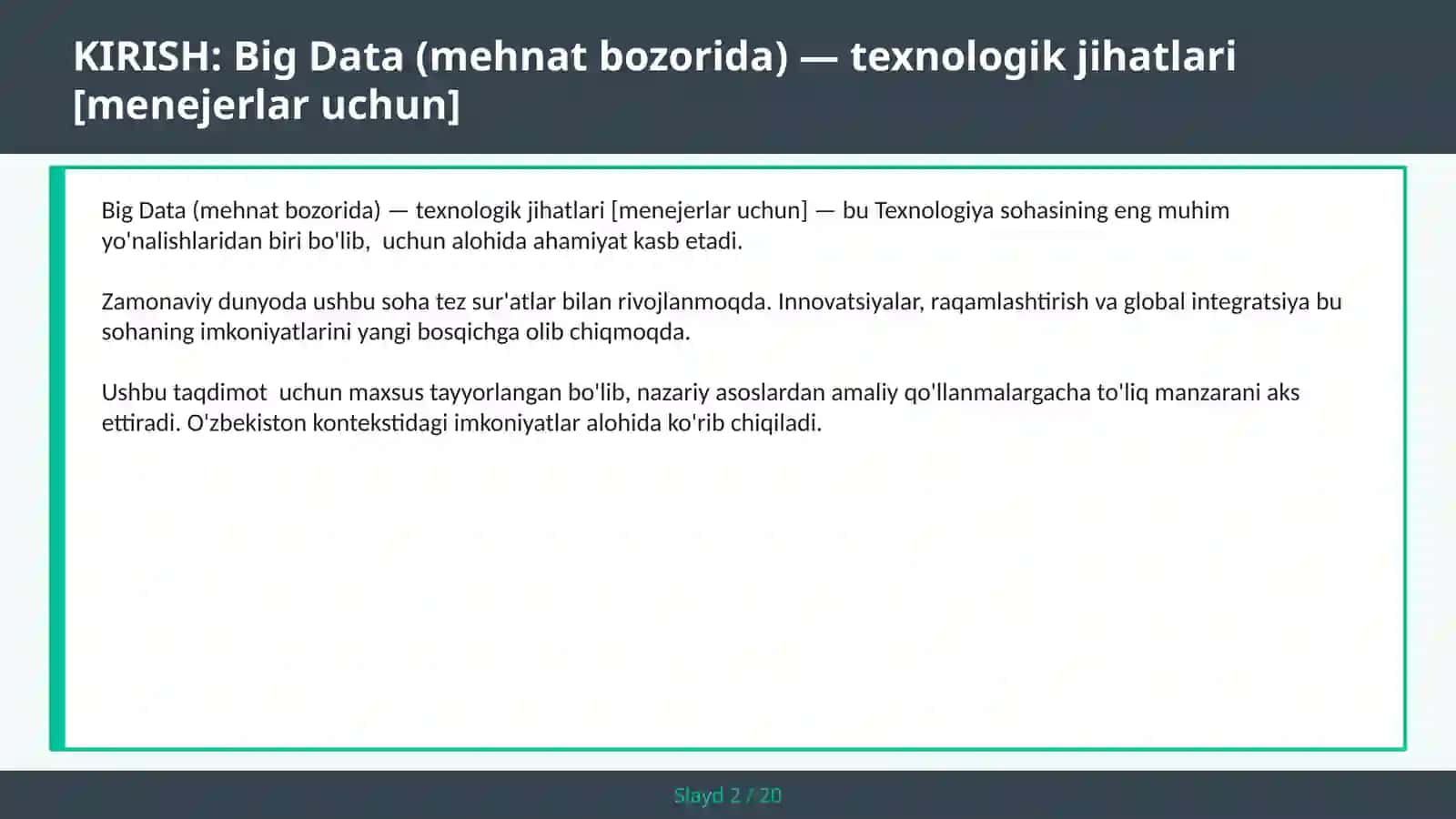 BIG DATA (MEHNAT BOZORIDA) — TEXNOLOGIK JIHATLARI [MENEJERLAR UCHUN] 2