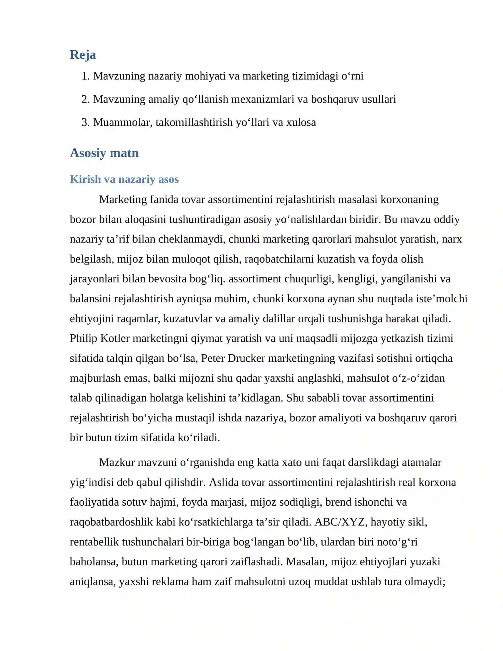 Tovar assortimentini rejalashtirish 2