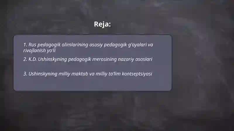 Rus pedogok olimlarining gʻayalari. K.D.Ushiniskiyning merosi.L.N.tolistoyning asarlaridagi pedagogik gʻayalari 2