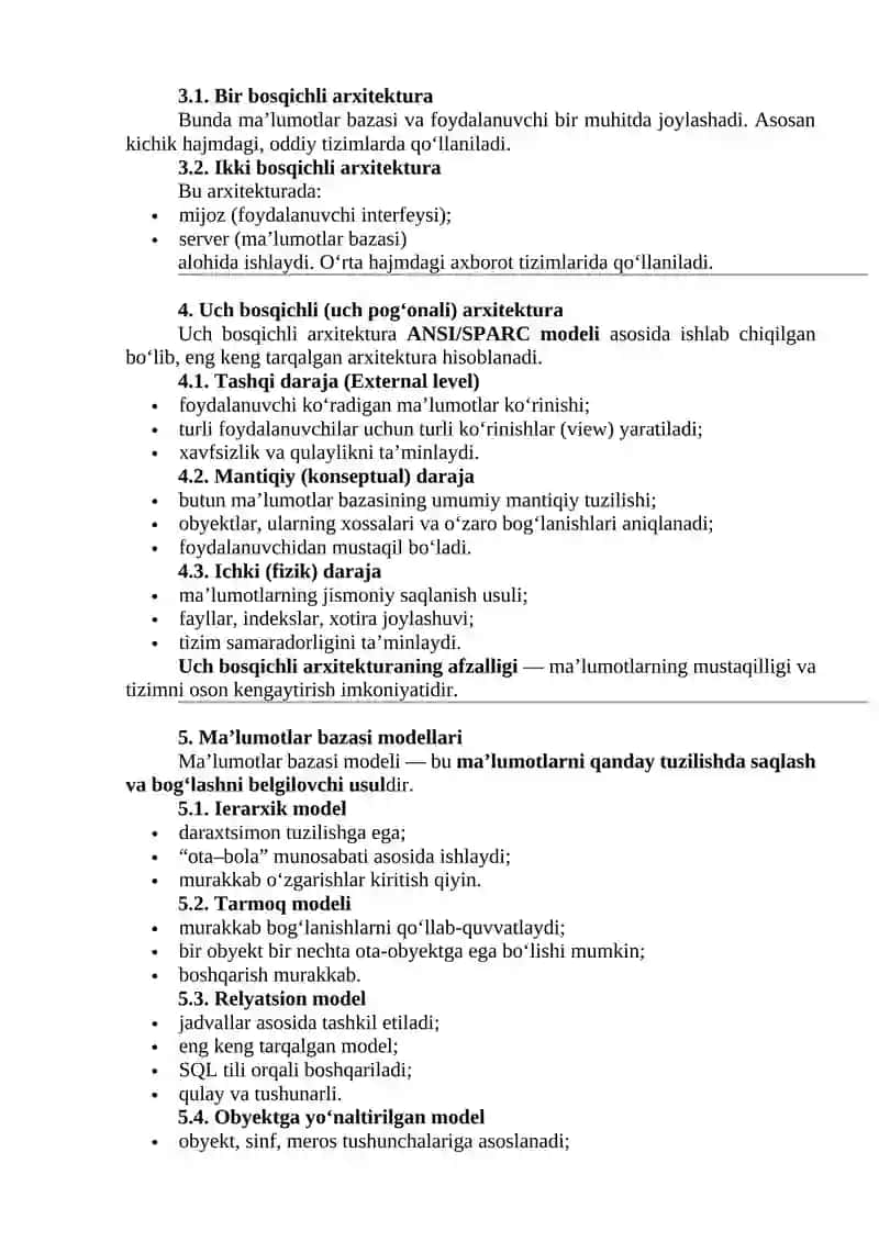 Ma’lumotlar bazasi: maqsadi, vazifalari, asosiy tushunchalari, arxitekturasi va modellari 2