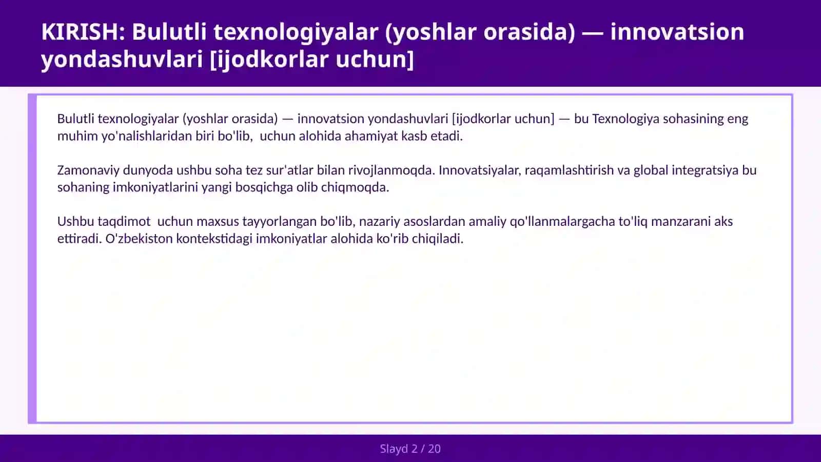 Bulutli texnologiyalar (yoshlar orasida) — innovatsion yondashuvlari [ijodkorlar uchun] 2