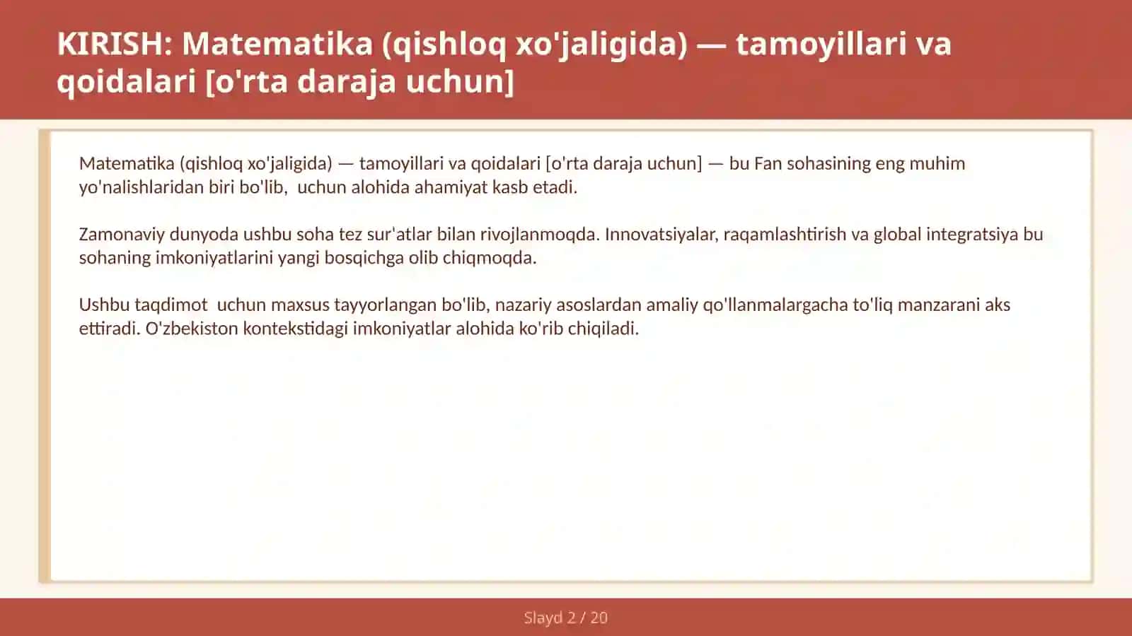Matematika (qishloq xo'jaligida) — tamoyillari va qoidalari [o'rta daraja uchun] 2