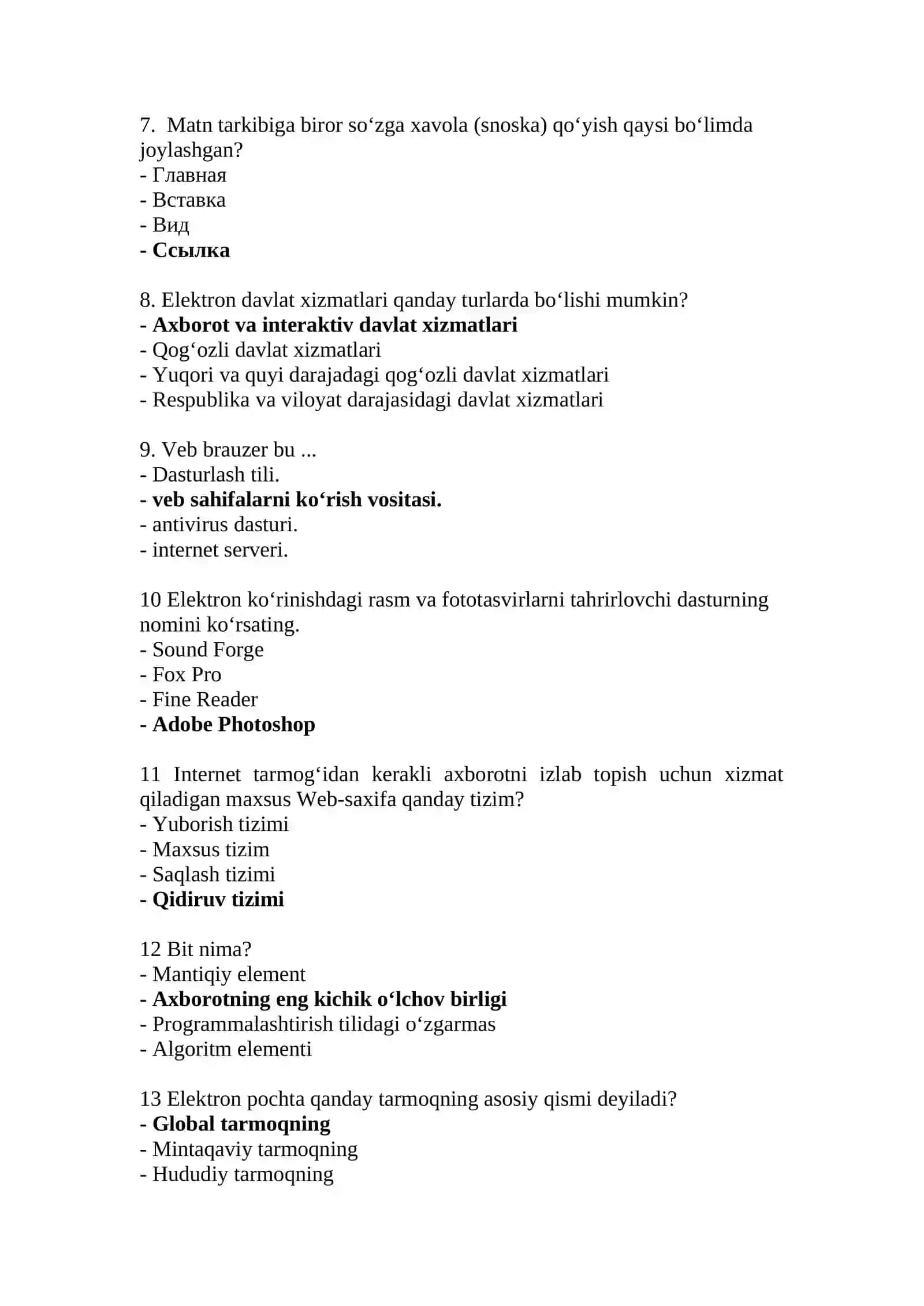 Axborot kommunikatsiya texnologiyalari bo’yicha test savollari (javoblari bilan birga) 2