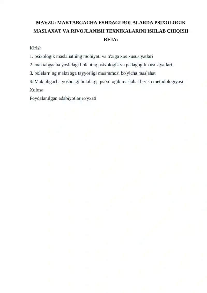 MAKTABGACHA ESHDAGI BOLALARDA PSIXOLOGIK MASLAXAT VA RIVOJLANISH TEXNIKALARINI ISHLAB CHIQISH 2