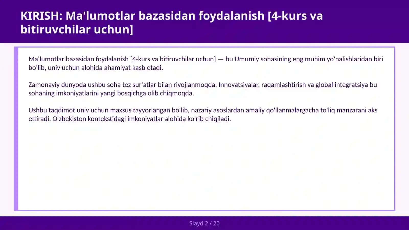 Ma'lumotlar bazasidan foydalanish [4-kurs va bitiruvchilar uchun] 2