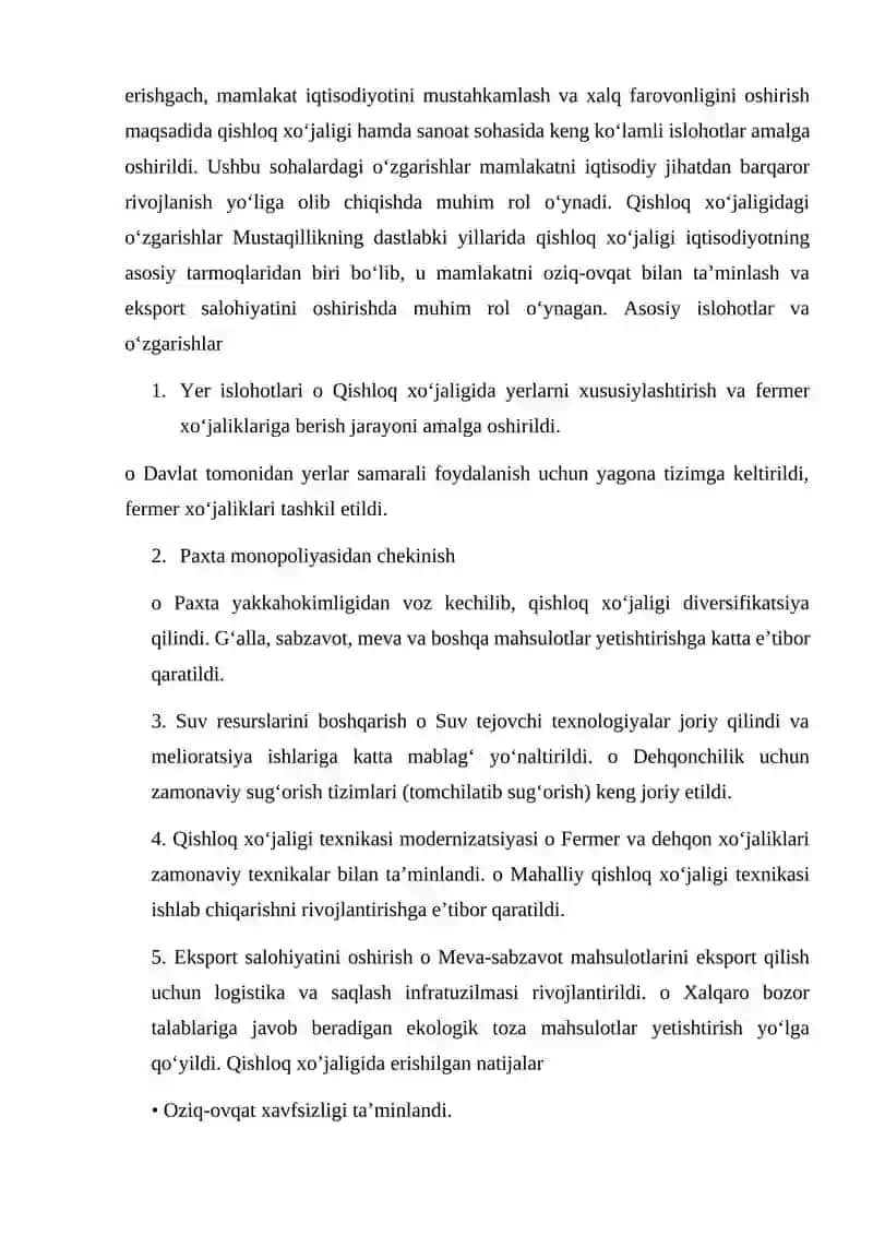 Mustaqillik yillarida qishloq xo'jaligi va sanoat sohasidagi o'zgarishlar 2