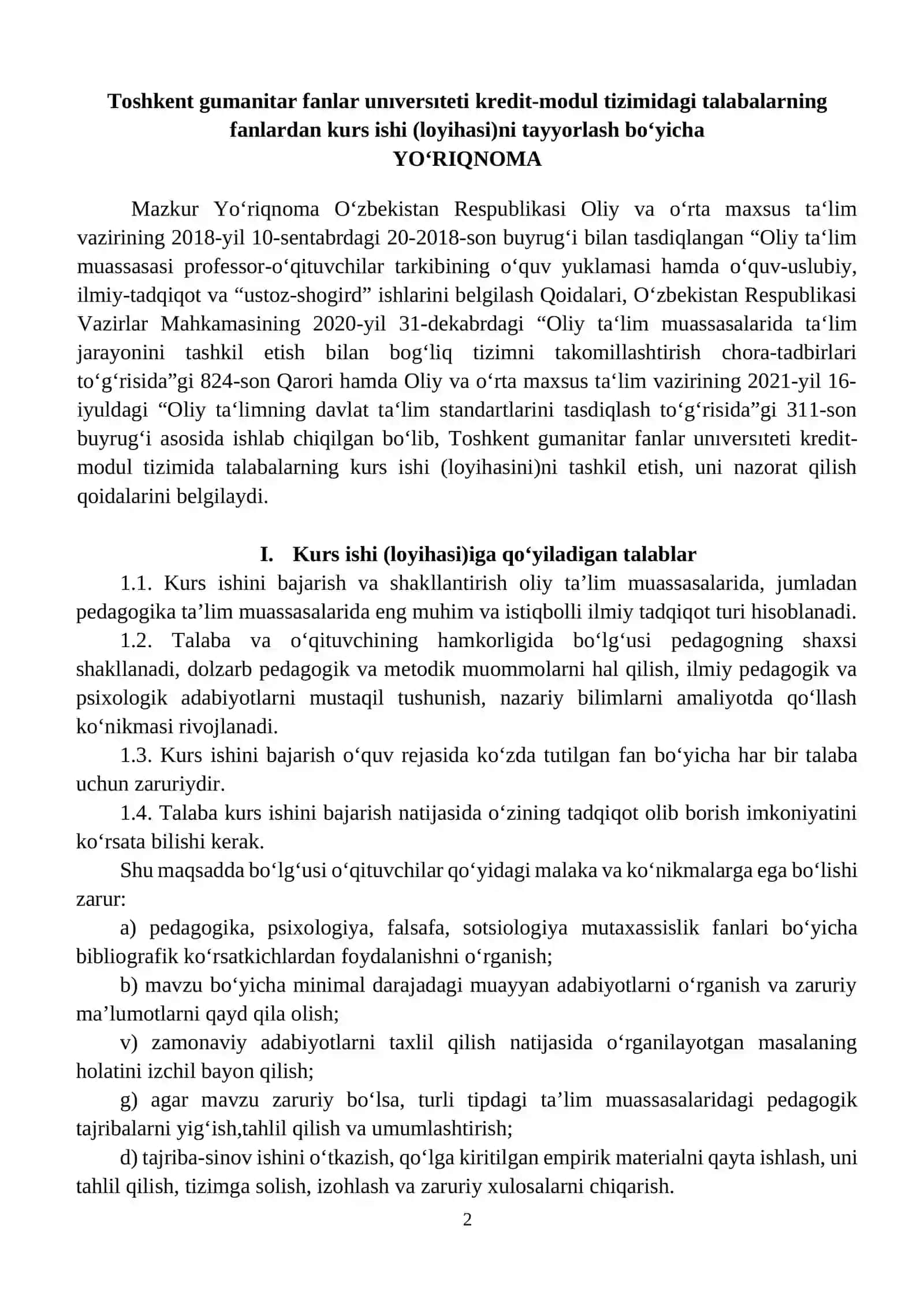 KREDIT-MODUL TIZIMIDAGI TALABALARNING FANLARDAN KURS ISHI (LOYIHASI)NI TAYYORLASH BOʻYICHA YOʻRIQNOMA 2