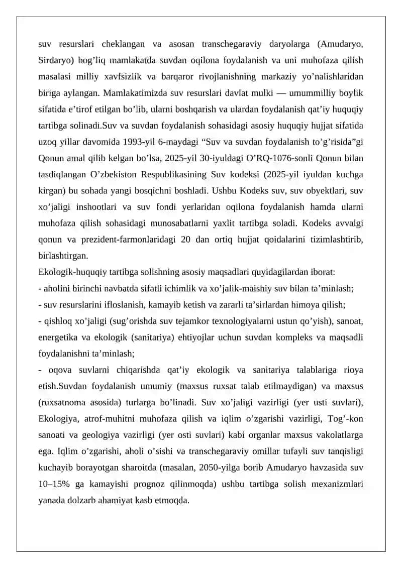 Suv va suvdan foydalanishni ekologik-huquqiy tartibga qilish 2