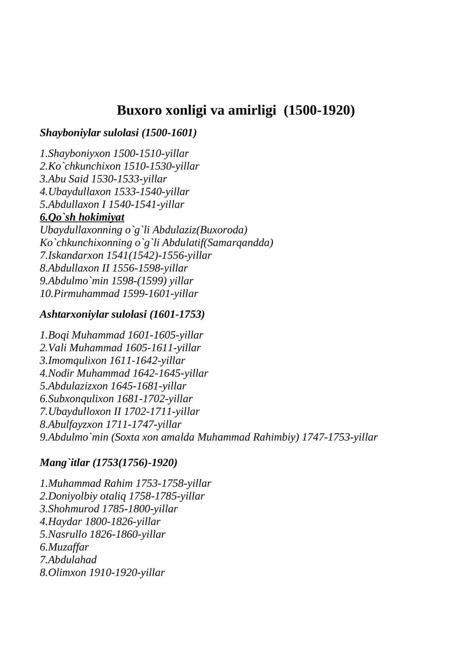 O`zbek xonliklarini boshqargan sulolalar va hukmdorlar 2