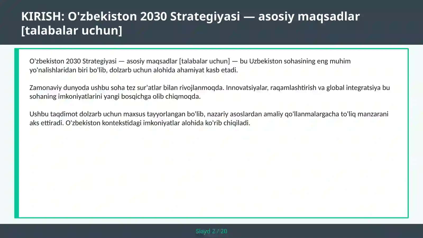O'zbekiston 2030 Strategiyasi — asosiy maqsadlar [talabalar uchun] 2