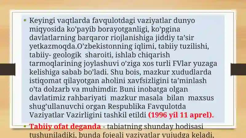 TАBIIY, TEXNOGEN, EKOLOGIK VA IJTIMOIY TUSDAGI FAVQULOTDA VAZIYATLARDA HAYOT FAOLIYATI XAVFSIZLIGI VA FUQARO MUHOFAZASI 2