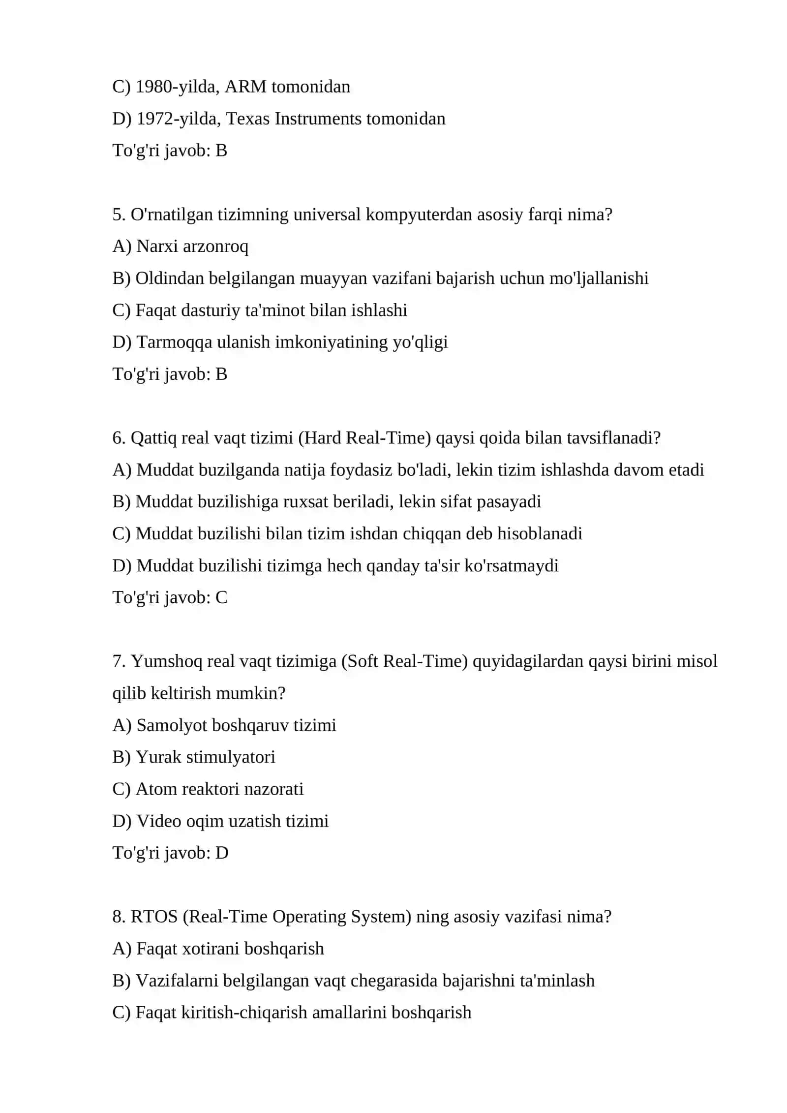 O'rnatilgan TIZIMLAR FANI BO'YICHA TEST SAVOLLARI (1–50) 2