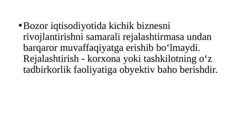 Kichik biznes va xususiy tadbirkorlikni rejalashtirish 2