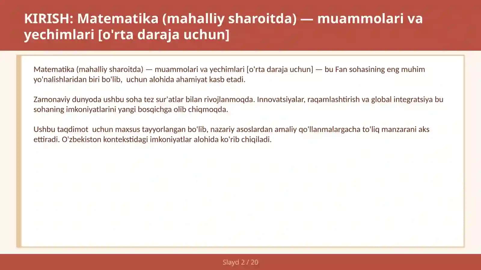 Matematika (mahalliy sharoitda) — muammolari va yechimlari [o'rta daraja uchun] 2
