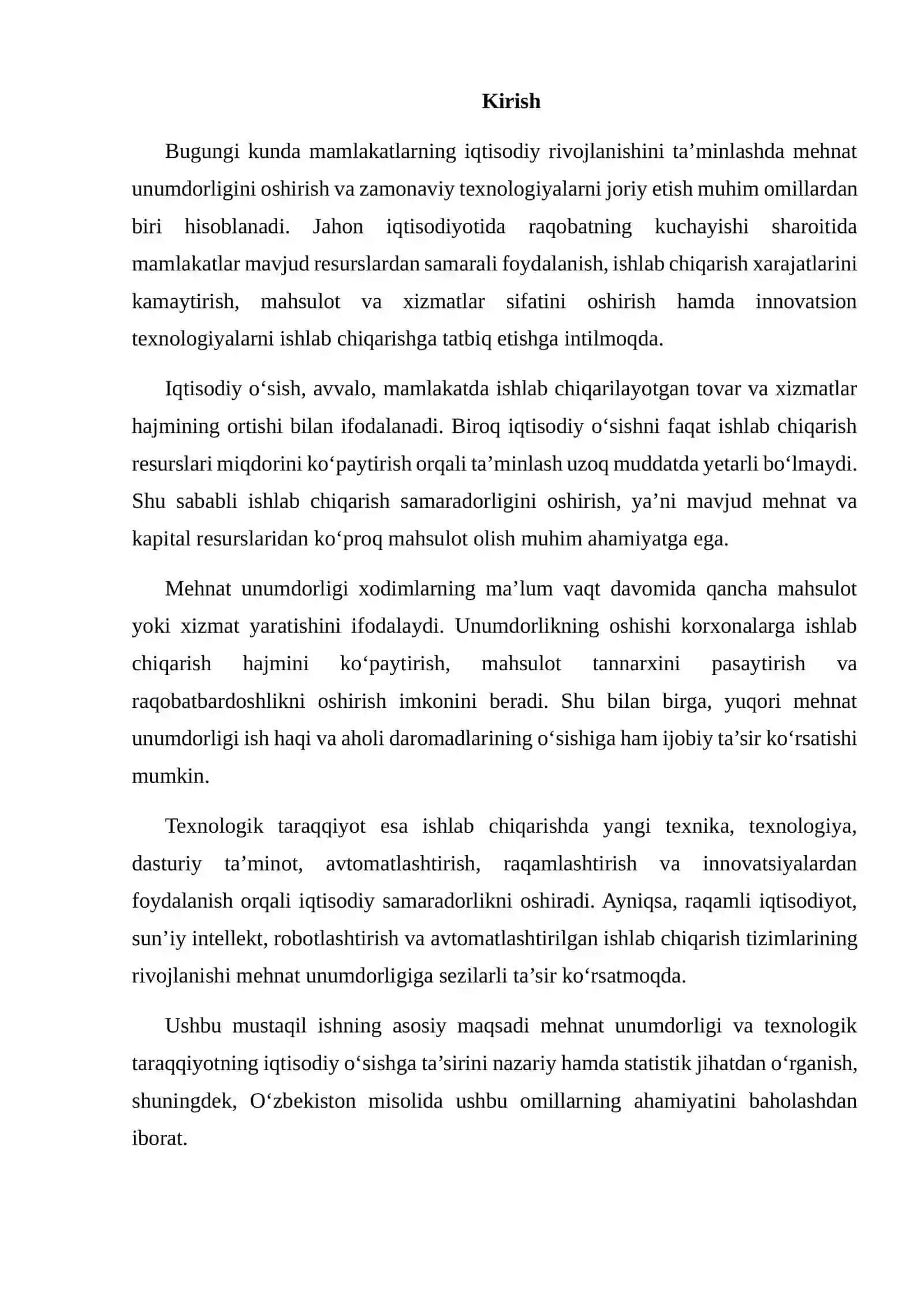 MEHNAT UNUMDORLIGI VA TEXNOLOGIK TARAQQIYOTNING IQTISODIY O‘SISHDAGI ROLINI STATISTIK MA’LUMOTLAR ASOSIDA BAHOLASH 2