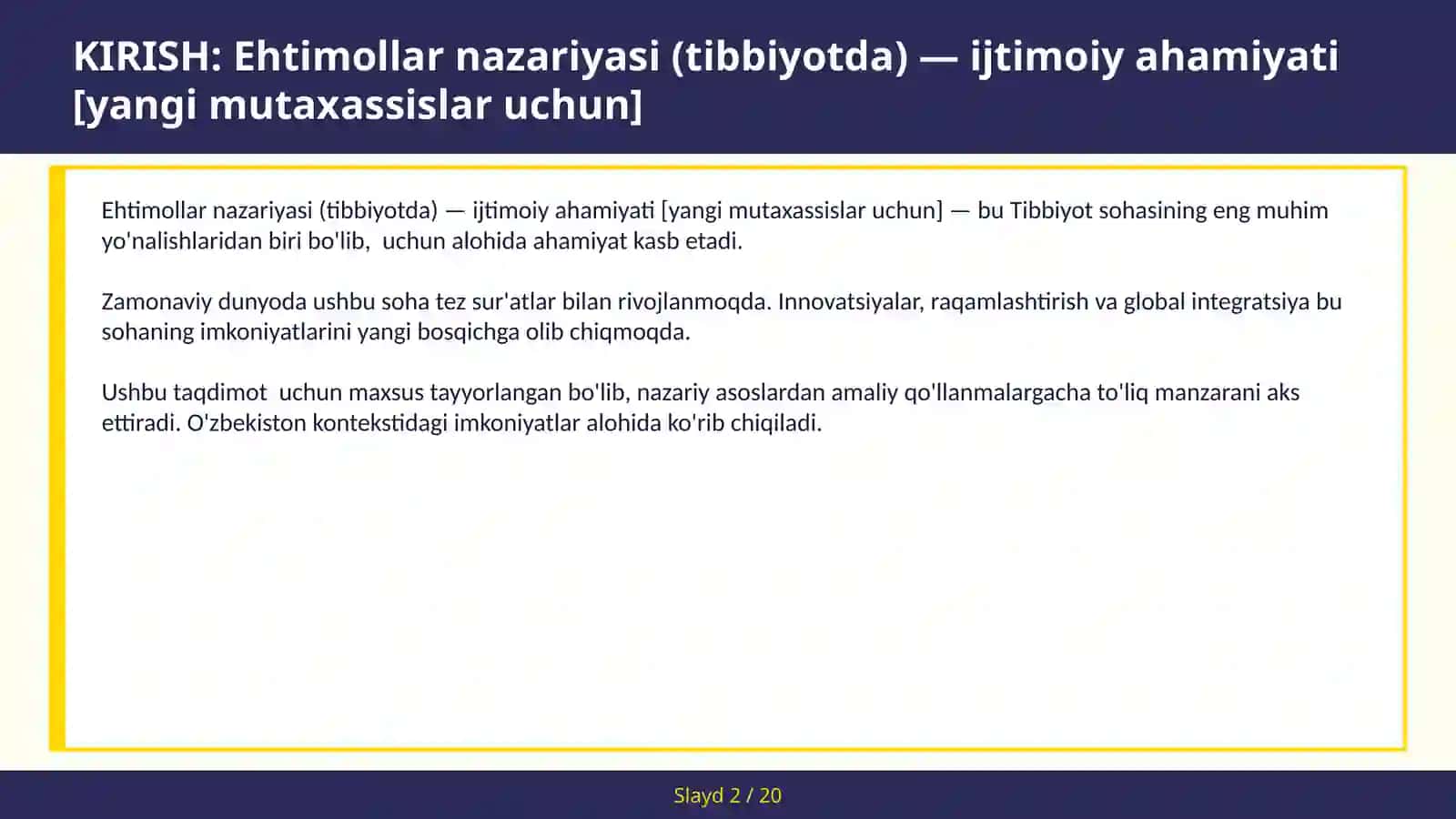 Ehtimollar Nazariyasi (Tibbiyotda) - Ijtimoiy Ahamiyati [Yangi Mutaxassislar Uchun] 2