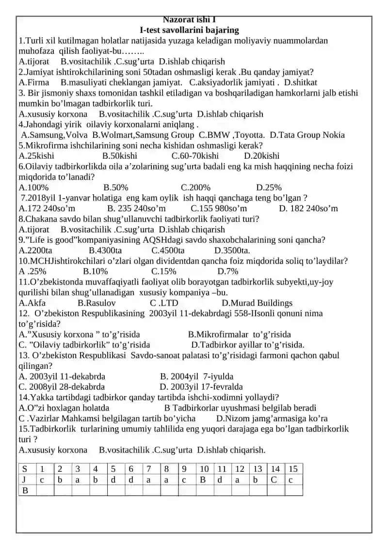 Tadbirkorlik asoslari fanidan 11-sinflar uchun nazorat ishlar daftari 2
