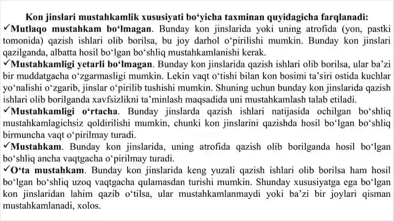 Qazilma konlarining shakli, qalinligi, turi va yotish burchagi bo‘yicha turlanish 2