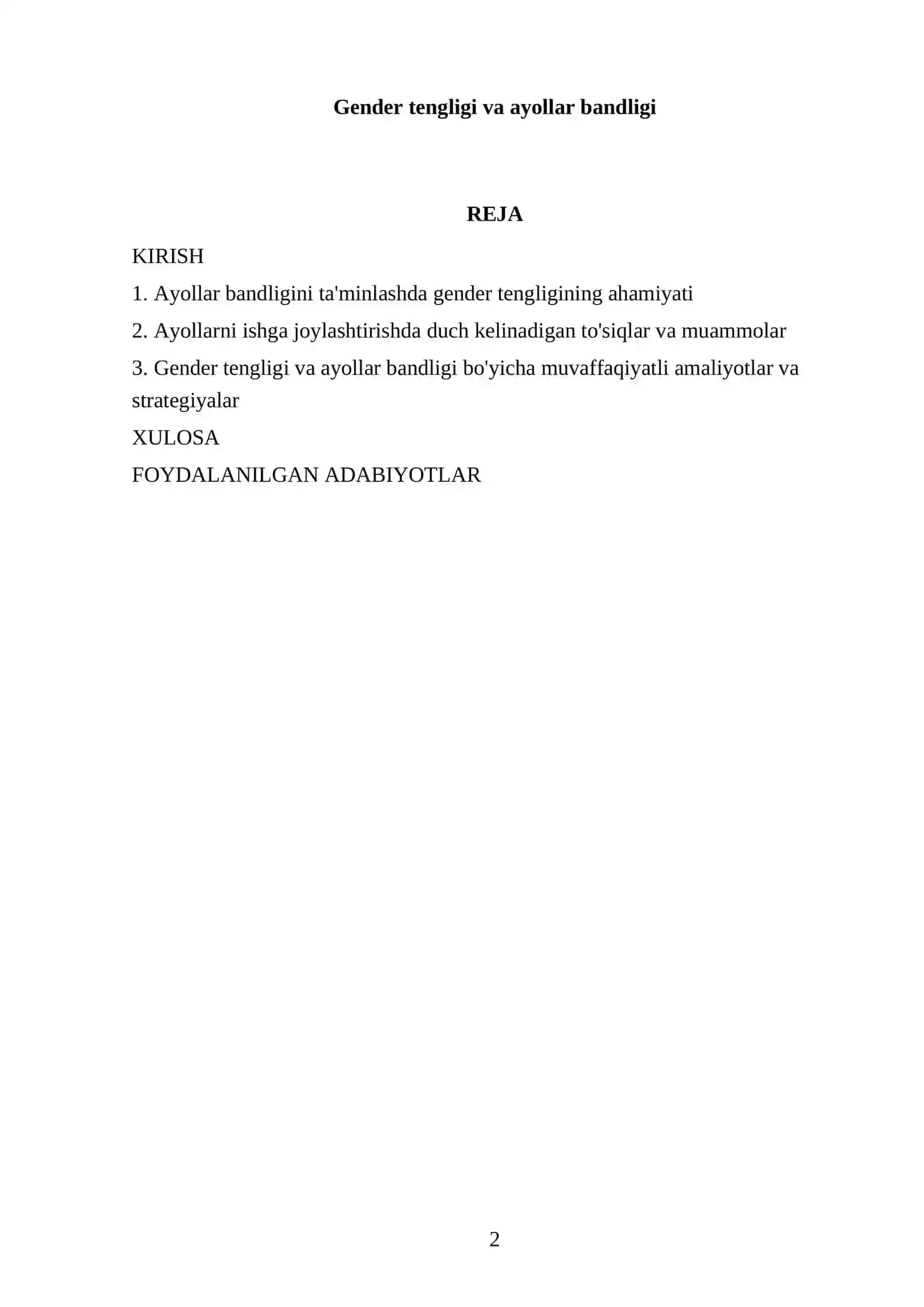 Gender tengligi va ayollar bandligi 2