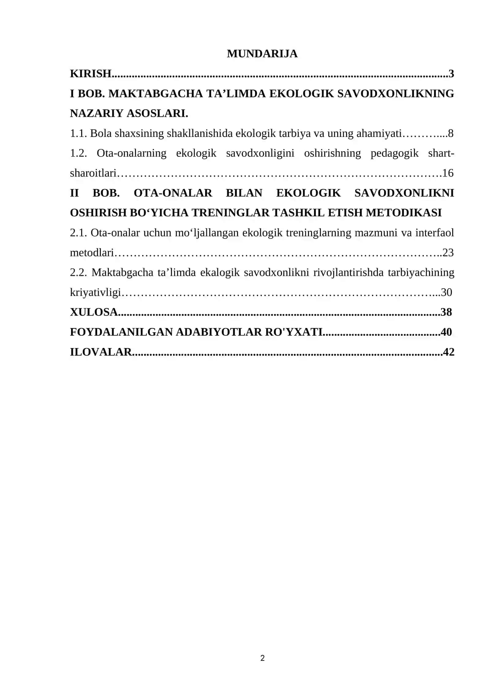 Ota – onalar uchun ekalogik savodxonlik bo’yicha trening ishlanmasi 2