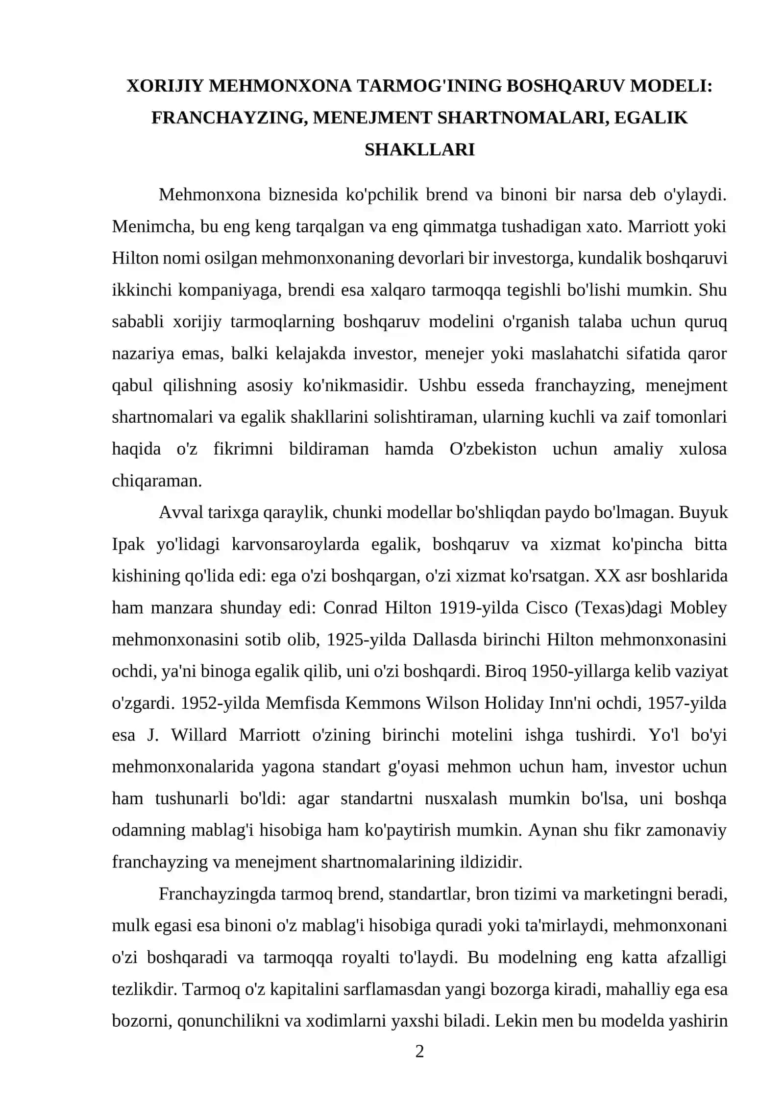 XORIJIY MEHMONXONA TARMOG'INING BOSHQARUV MODELI: FRANCHAYZING, MENEJMENT SHARTNOMALARI, EGALIK SHAKLLARI 2