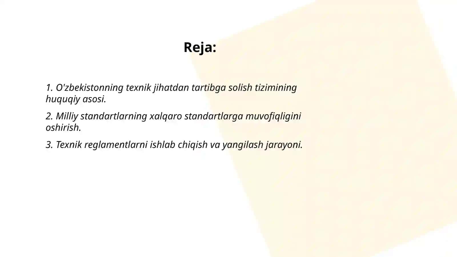 O'zbekistonning texnik jihatdan tartibga solish tizimini rivojlantirish yo'nalishlari 2