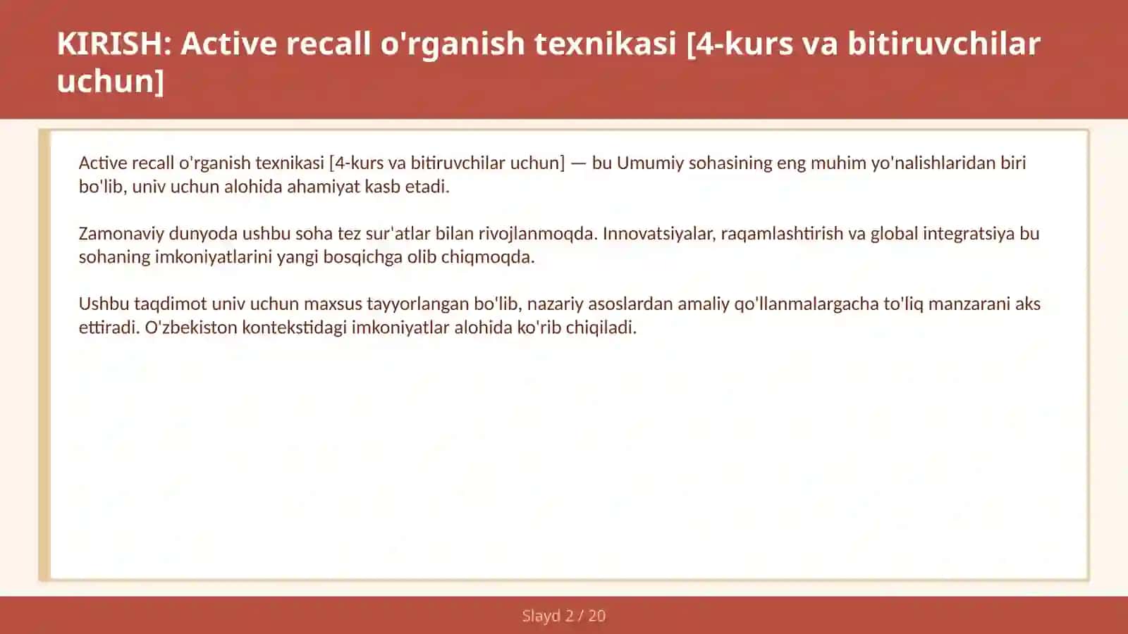 Active recall o'rganish texnikasi [4-kurs va bitiruvchilar uchun] 2