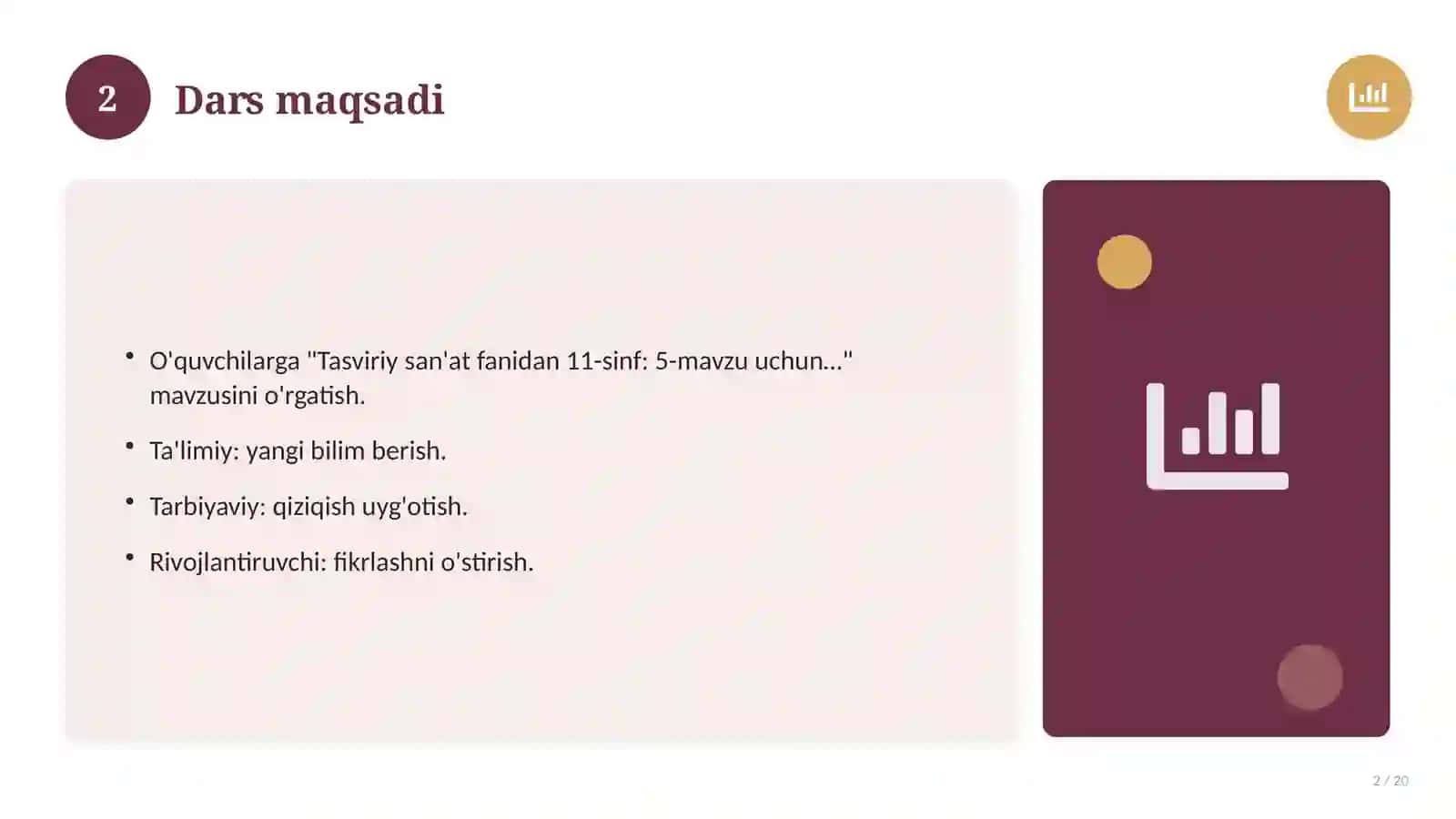 Tasviriy san'at fanidan 11-sinf: 5-mavzu uchun batafsil dars ishlanmasi 2