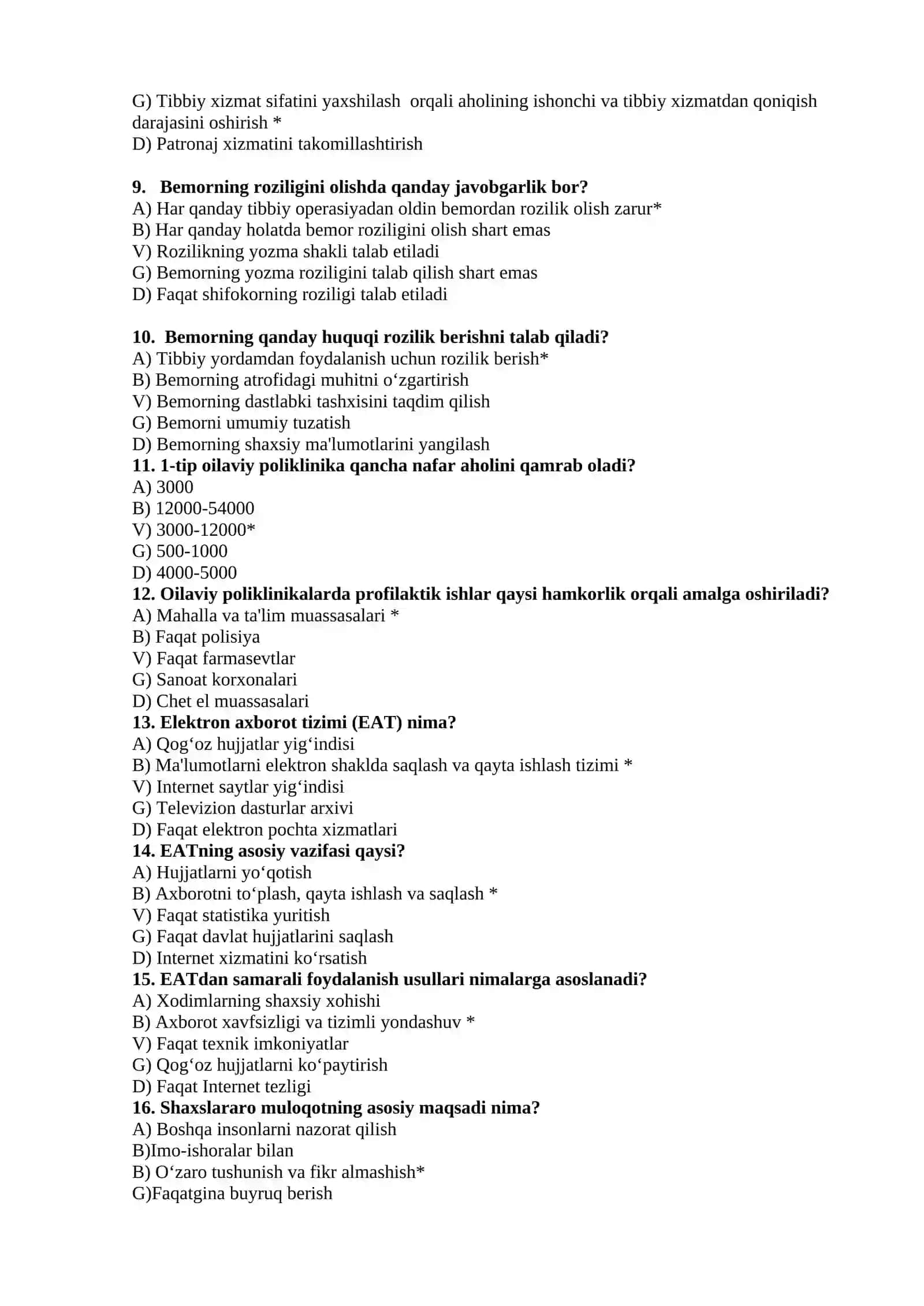 Oila salomatligi test savollari va ularga javoblar ARGOS 2