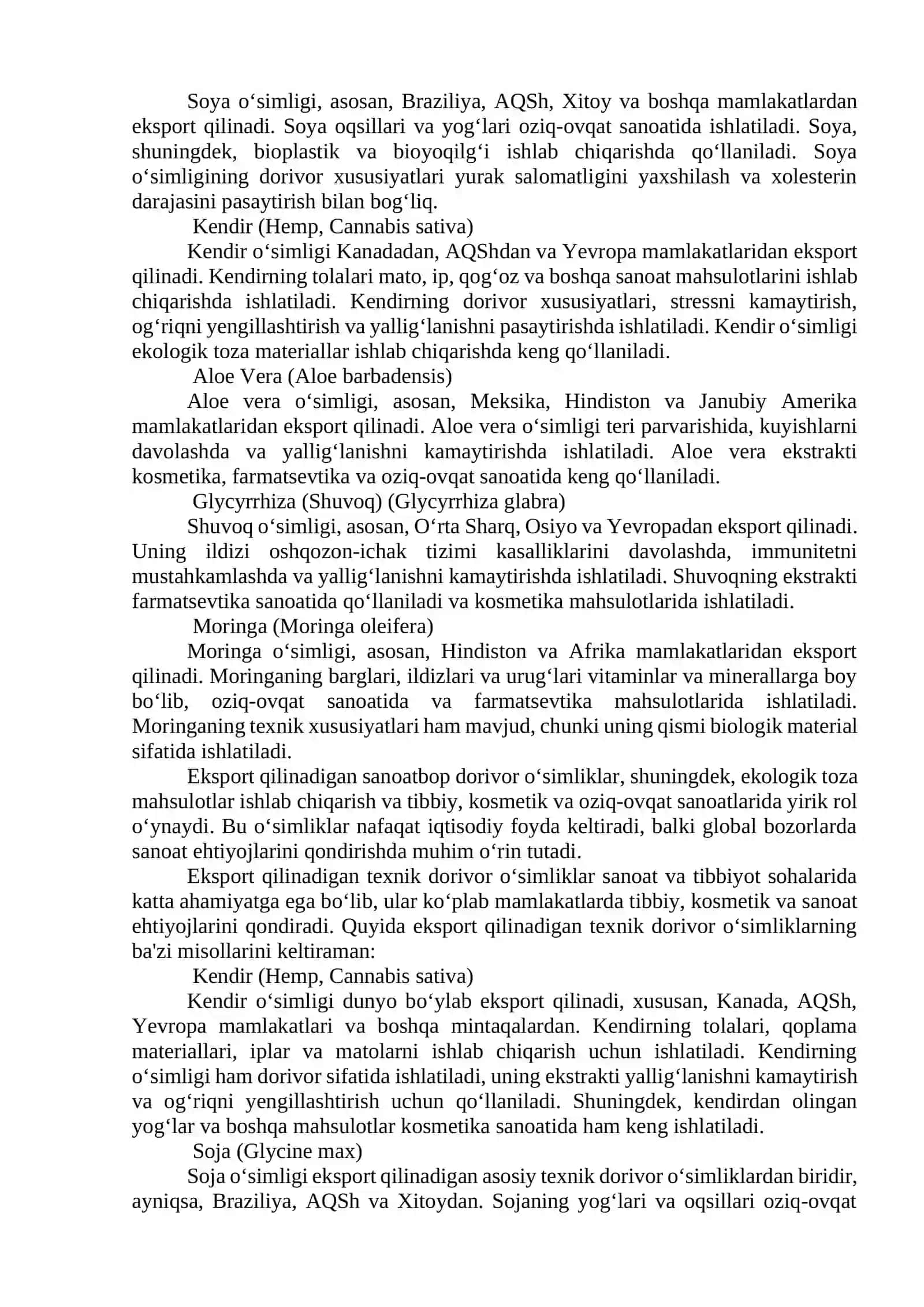 Eksport qilinadigan sanoatbop va texnik dorivormo o‘simliklar 2