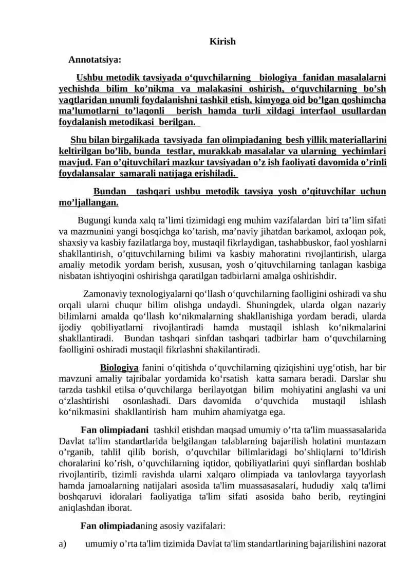 Biologiya Fan Olimpiadasi Metodik Tavsiyasi 2