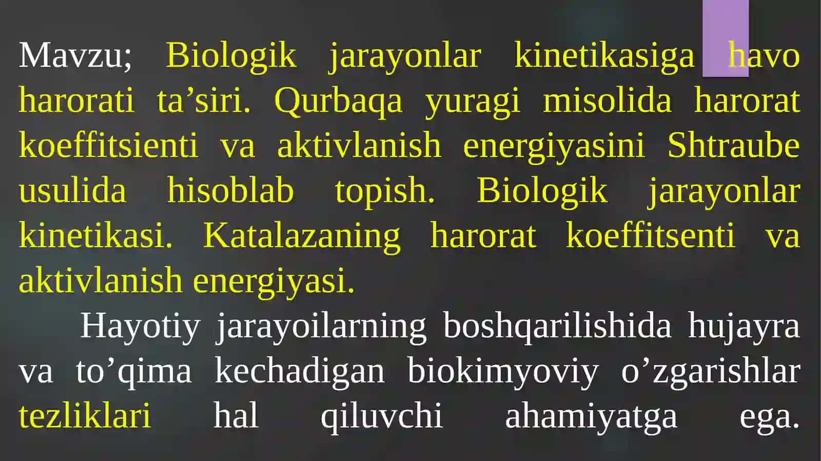 Biologik jarayonlar kinetikasiga havotir ta'siri. Qurbaqa yuragi misolidagi harorat koeffitsienti va aktivlanish energiyasini Shtraube usulida hisoblab topish 2