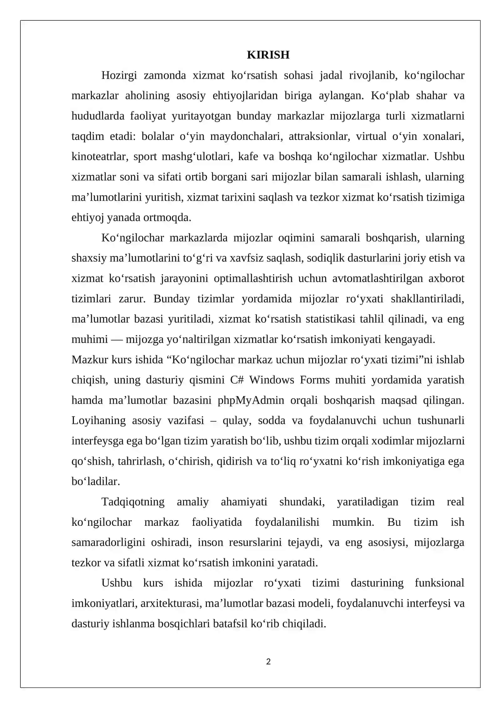 Ko‘ngilochar markaz uchun mijozlar ro‘yhati 2