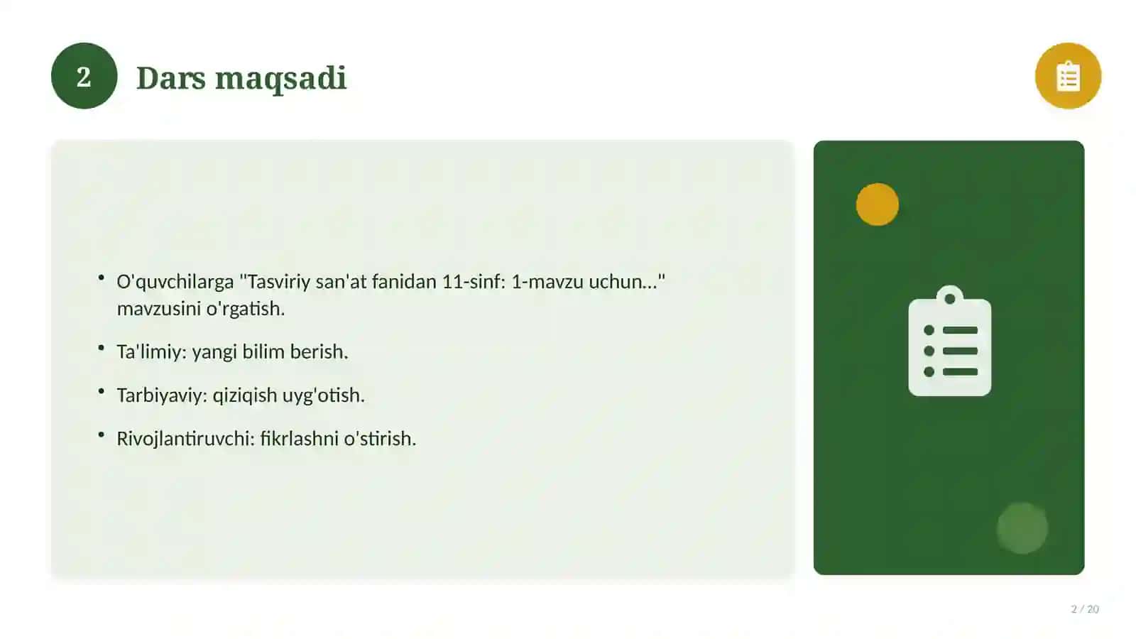 Tasviriy san'at fanidan 11-sinf: 1-mavzu uchun batafsil dars ishlanmasi 2