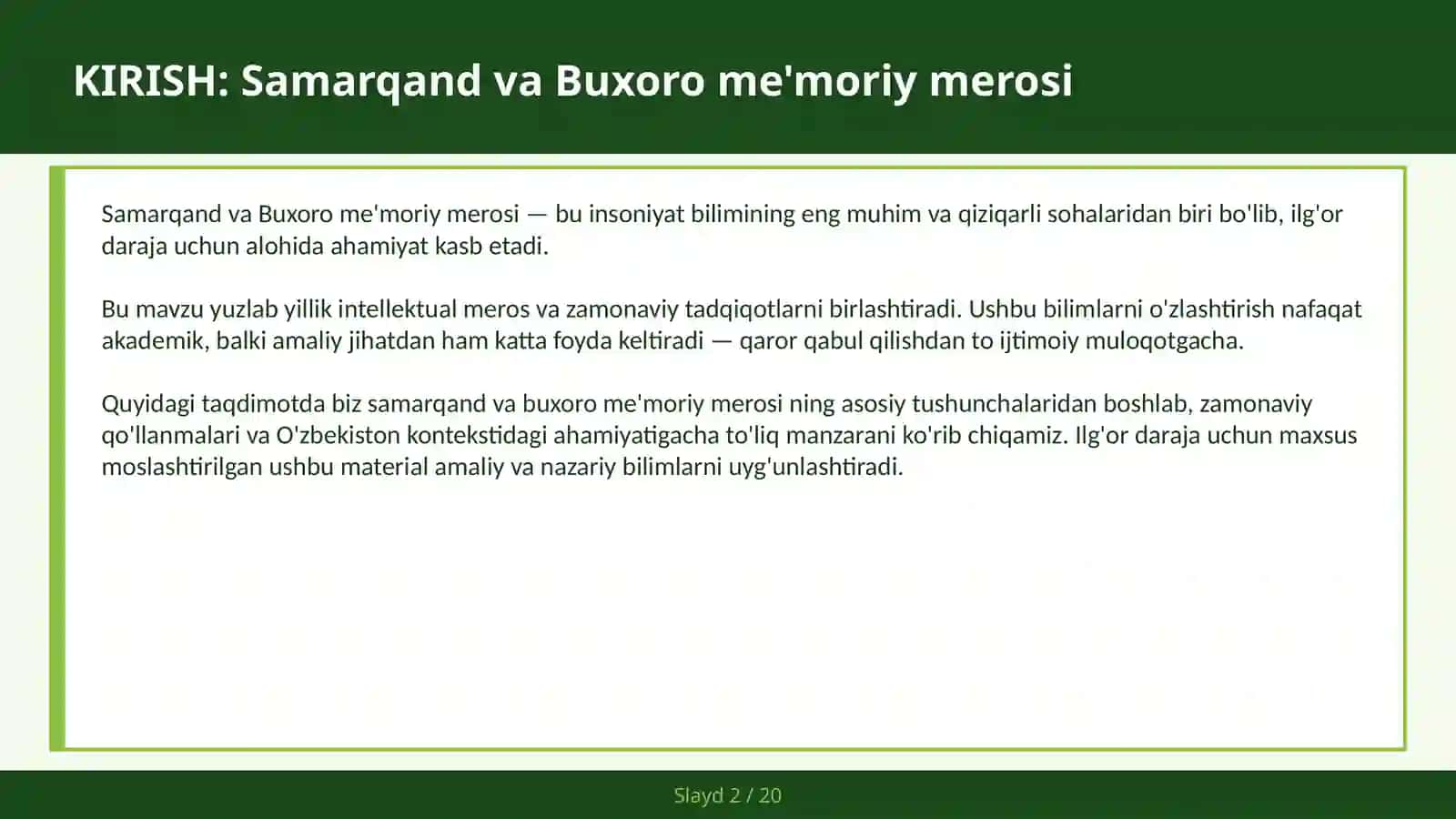 SAMARQAND VA BUXORO ME'MORIY MEROSI 2