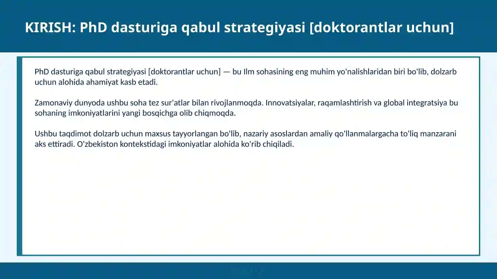 PhD DASTURIGA QABUL STRATEGIYASI [DOKTORANTLAR UCHUN] 2