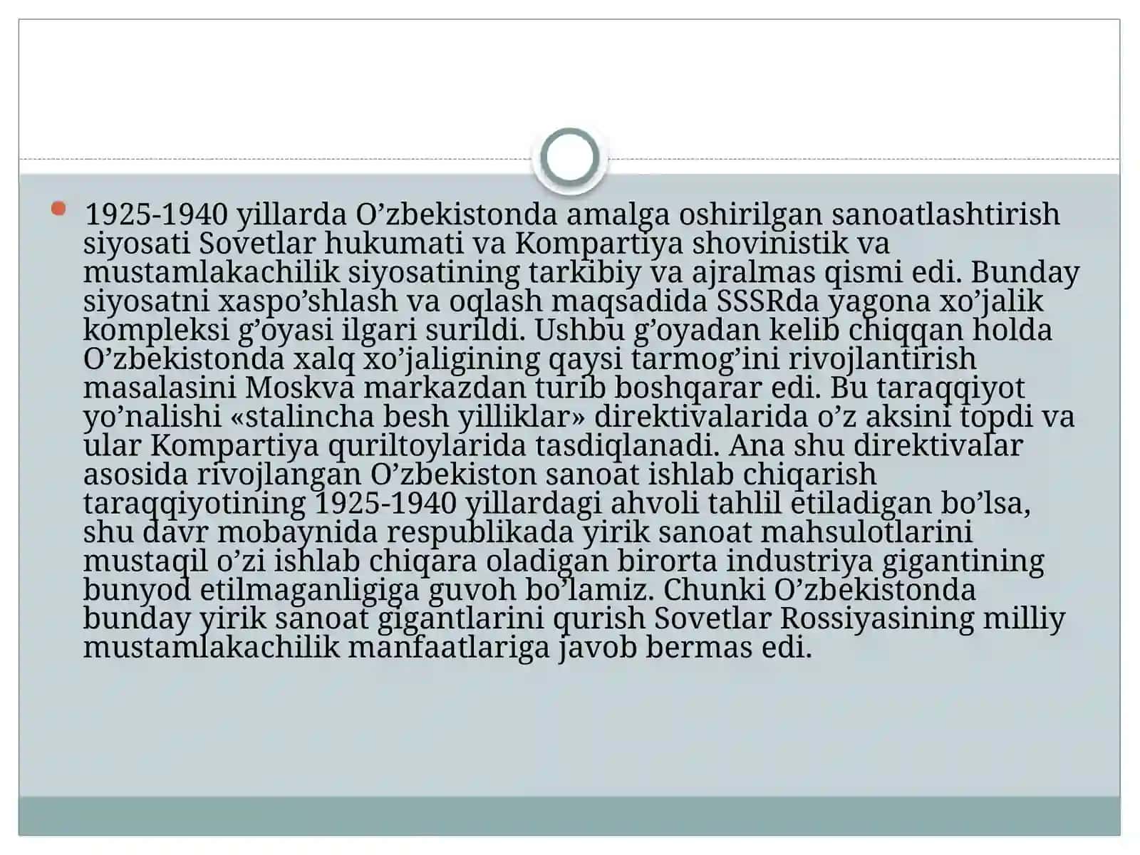 1925-1940 yillarda O’zbekistonda sanoatlashitirish siyosati 2