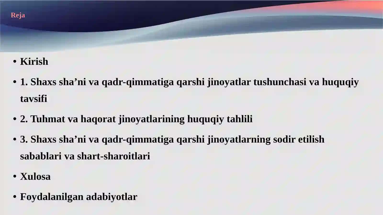 SHAXSNING OZODLIGI,SHA’NIVA QADR-QIMMATIGA QARSHI JINOYATLAR 2