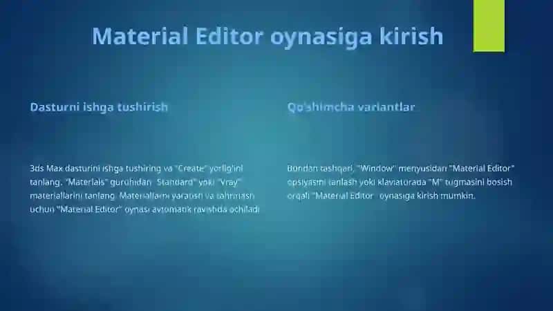 Material editor oynasi bilan tanishish 2