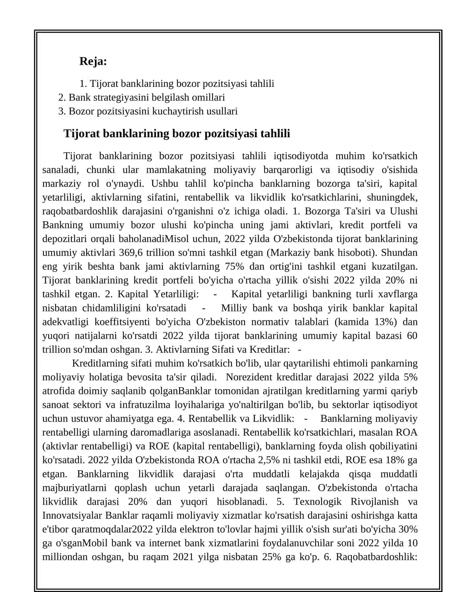 TIJORAT BANKINING BOZOR POZITSIYASI VA UNI BANK STRATEGIYASIDA MOS RAVISHDA O'ZGARTIRISH YO'LLARI 2