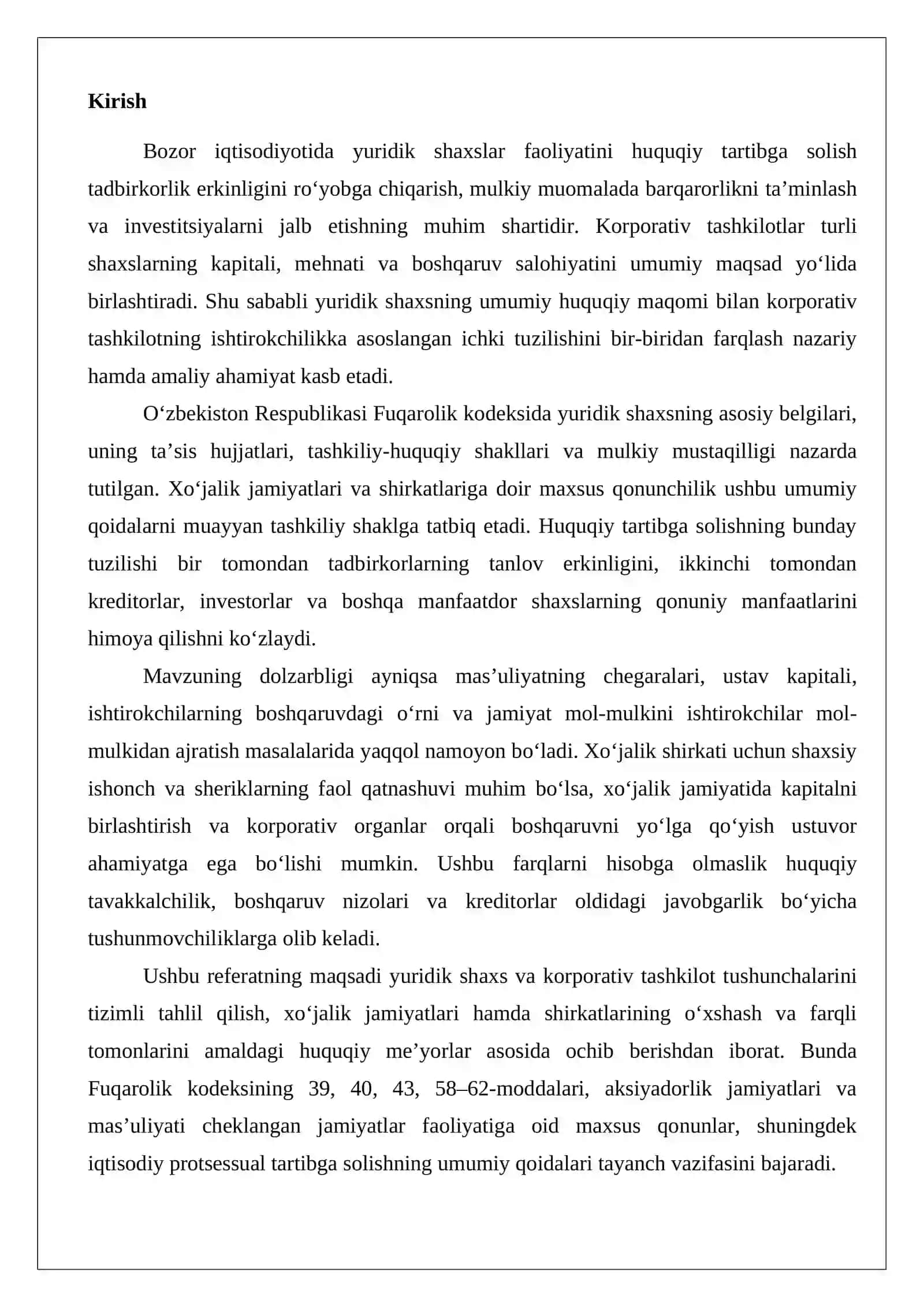 Yuridik shaxs va korporativ tashkilot tushunchalari: xo‘jalik jamiyatlari va shirkatlarining umumiy hamda farqli jihatlari 2