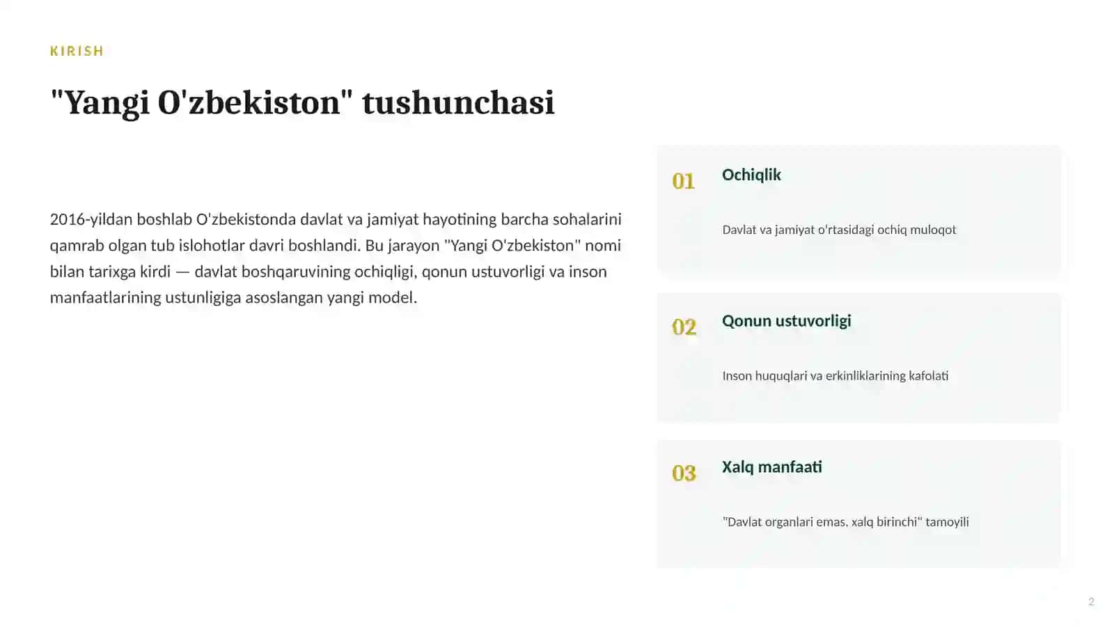 Yangi O'zbekistonda Prezident Sh.Mirziyoyev rahbarligi va tashabbusi ostida amalga oshirilayotgan is 2