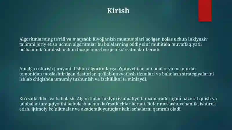 Rivojlanish Muammolari Bo‘Lgan Bolalar Uchun Inklyuziv Ta'Limni Keng Ta‘Limiy Amaliyotga Joriy Etish Algoritmlari 2