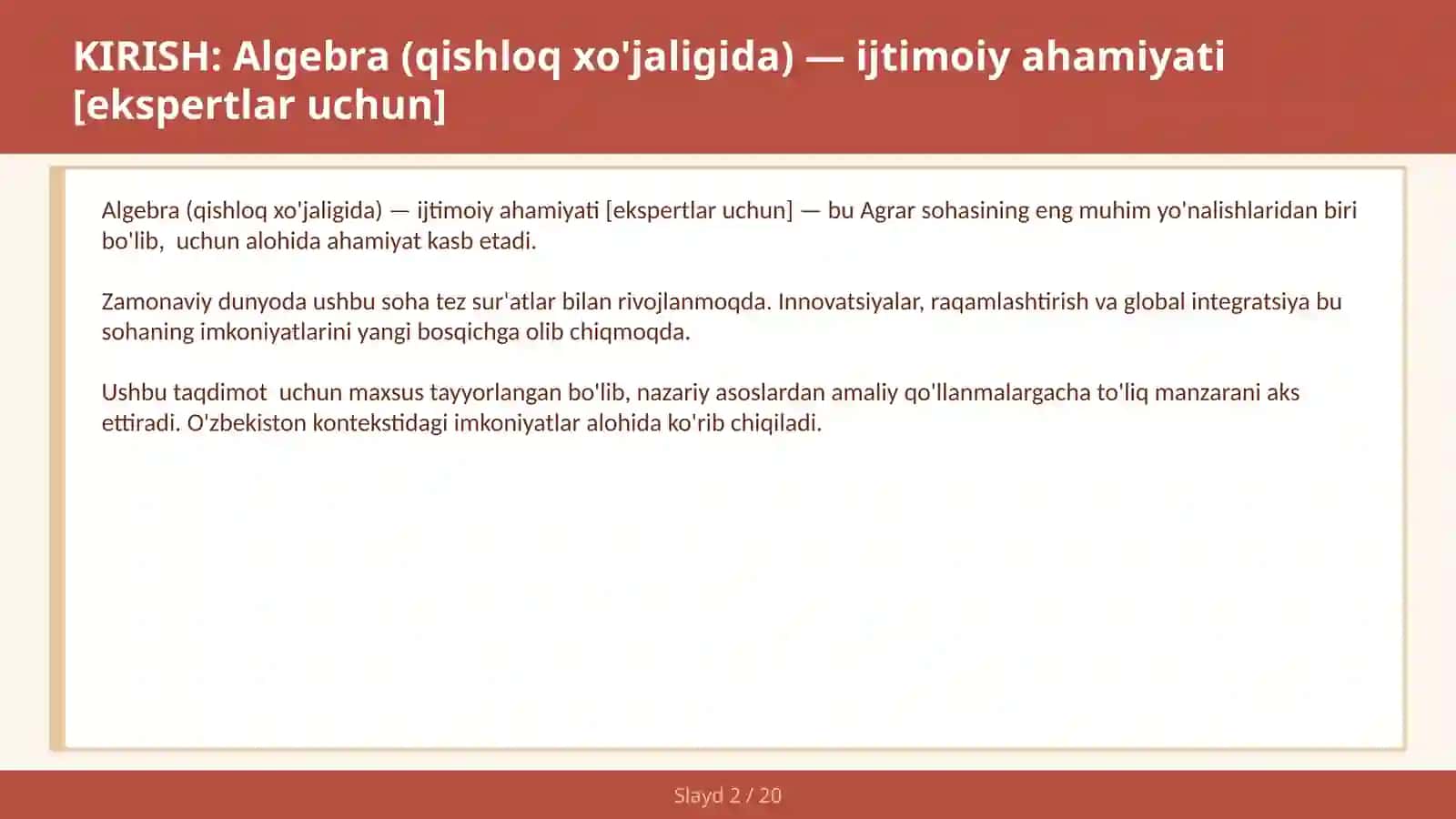 Algebra (qishloq xo'jaligida) — ijtimoiy ahamiyati [ekspertlar uchun] 2