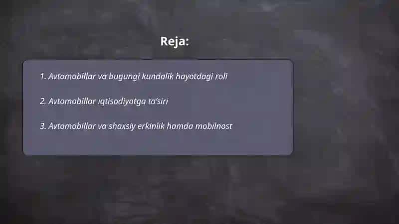 Avtomobillarni hayotimizda tutgan oʻrni 2